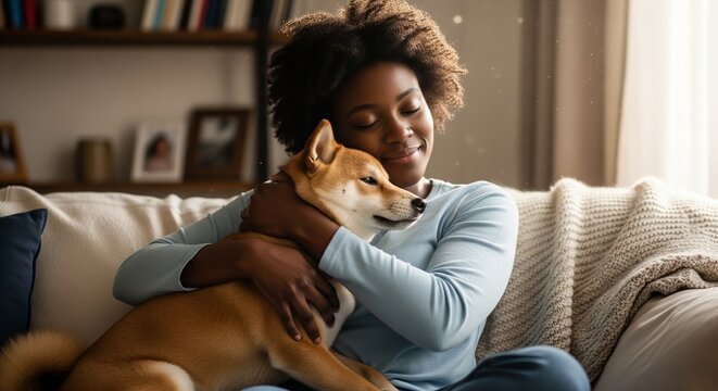 A serene Black woman lovingly embraces her Shiba Inu dog on a cozy couch. A heartwarming moment of pure comfort, friendship, and the special bond between a pet and its owner
