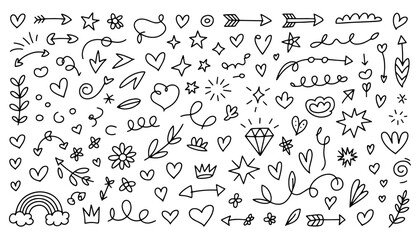 Doodle design elements hand drawn vector set of arrows hearts stars flowers and other decorative shapes isolated on white background