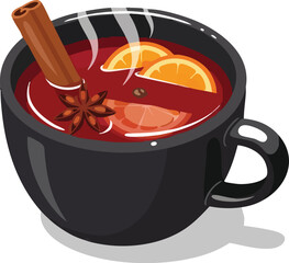 A steaming black mug of hot mulled wine garnished with orange slices, a cinnamon stick, and star anise.