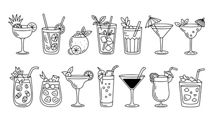 Set of cocktail illustrations hand-drawn line art of summer drinks perfect for menu design and beverage-related projects
