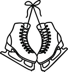 A pair of ice skates hanging by their laces, line art.