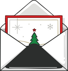 Illustration of a Christmas card in an envelope with a tree.