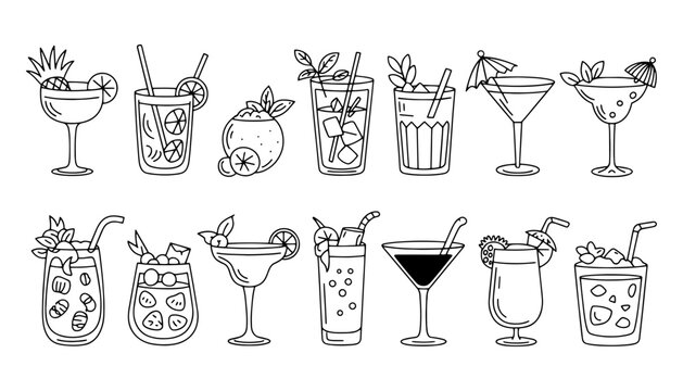 Set of cocktail illustrations hand-drawn line art of summer drinks perfect for menu design and beverage-related projects
