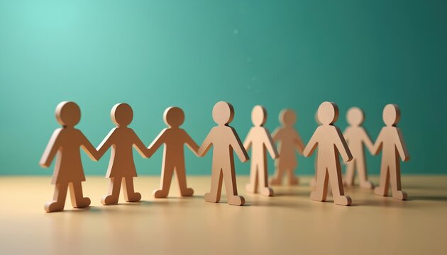 Wooden figures link hands forming chain. Diverse group symbolizes unity, partnership, and community efforts. They stand together for teamwork success.