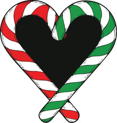 Two candy canes forming a heart shape, one red and one green.