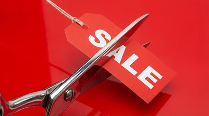 Scissors cutting red sale tag on bright red background symbolizing discount and price reduction
