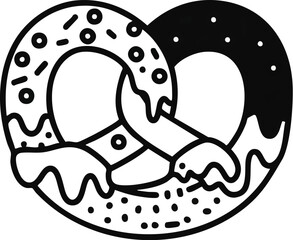 A black and white line art illustration of a decorated pretzel with two different toppings, glaze, and sprinkles.
