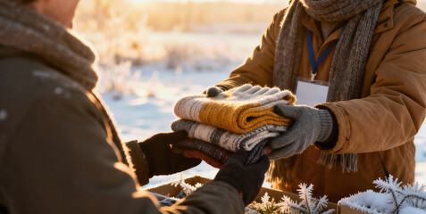 Warm winter clothing donation in snowy landscape during golden hour embracing community spirit and kindness in chilly weather