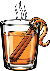 A steaming glass of hot spiced cider garnished with a cinnamon stick and a curly orange peel.