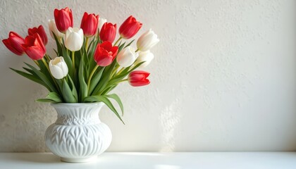 Fototapeta premium Vibrant red, white tulips bloom beautifully in elegant white ceramic vase. Fresh spring flower bouquet sits on bright, clean table against textured light wall, creating simple, decorative home scene.