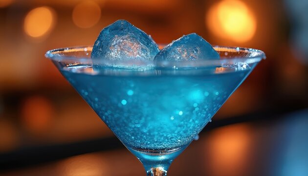 Close up on blue martini with two ice chunks in martini glass. Bubbles rise in drink with soft bokeh lights in background. Elegant bar refreshment.