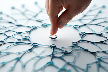 Index Finger Touching Transparent Blue Ring on White Backdrop Creating Connection in Molecular Network Representation