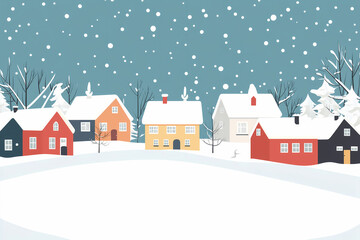 Fototapeta premium Flat design winter cityscape with few geometric houses and falling snow