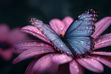 a blue butterfly sitting on a pink flower