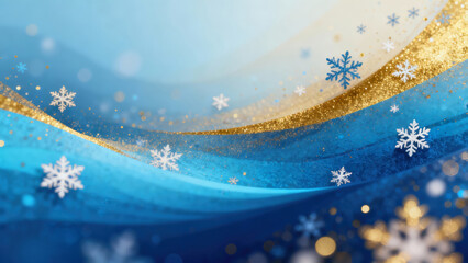 Winter wonderland background with blue and gold waves, shimmering snowflakes, and sparkling glitter for festive decorations and designs