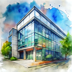 modern-glass-office-building- ,watercolor background