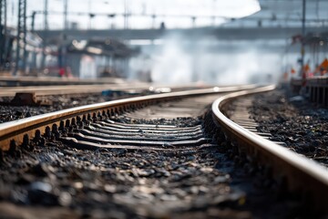 Curved Railroad Tracks with Stone Ballast Leading to Distant Station Platforms under Bright Sunlight and Soft Focus in an Industrial Landscape