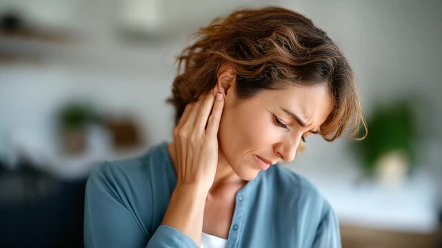 Woman touching ear with concerned gesture face partially hidden ear discomfort hearing concern tinnitus ear pressure auditory issue health worry home setting defocused wit