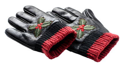 Festive black leather gloves isolated on white background