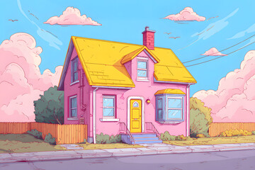 a pink house with a yellow roof and a yellow door