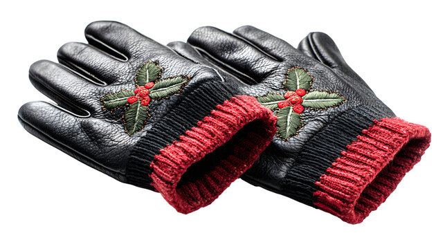 Festive black leather gloves isolated on white background