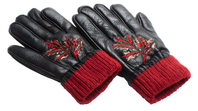 Black leather gloves with red knit cuffs isolated on white background