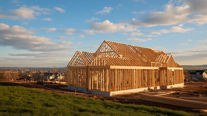New house construction progresses with wooden framework under sunny skies in a suburban area during early evening hours