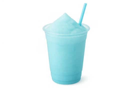 Blue frozen slushie drink with a straw in a plastic cup, offering cold refreshment. Transparent background