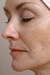 A woman looks serene with her eyes closed, showcasing her skin's texture and natural features. The soft lighting emphasizes her facial structure, reflecting a moment of self-care