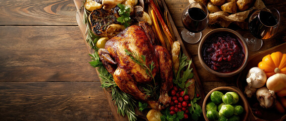 Thanksgiving dinner spread showcasing a roasted turkey, vegetables, and festive garnishes arranged on a wooden table with red wine and side dishes