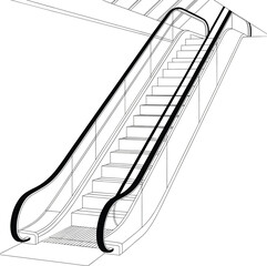 Escalator design illustration, modern moving stairs, shopping mall escalator, transport facility drawing, architecture element vector, cad drawing flat vector illustration