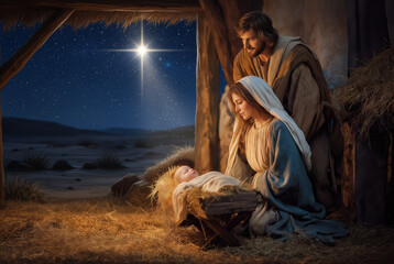 Nativity scene depicting Mary, Joseph, and baby Jesus in a rustic stable under a starry night sky during the Christmas season
