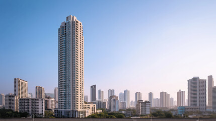 Modern high-rise residential building stands tall in city district against clear blue sky and urban backdrop during daylight