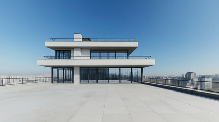 Modern cottage building stands out in urban city district under clear blue sky and bright daylight conditions