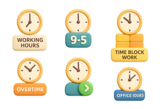 3d clocks illustrating work hours in various professional contexts