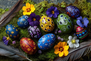 A vibrant collection of hand-painted Easter eggs, nestled among a variety of beautiful flowers and soft moss, creates a charming and natural scene