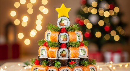 Christmas tree made of sushi rolls with festive decor