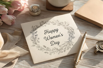 Celebrating Women's Day with a beautiful card, flowers, and a cozy setting that inspires warmth and appreciation for all women