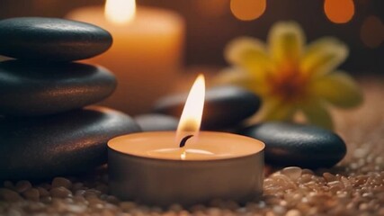 Burning tea light candle with stacked smooth stones and flower in soft focus - Powered by Adobe