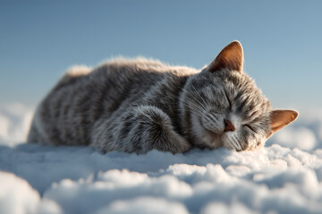 a cat is sleeping on a snow covered ground