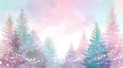 Watercolor illustration of winter forest landscape with snow and pastel hues during a serene sunrise in a tranquil natural setting