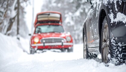 Two vehicles travel on a snow covered road in a winter landscape.