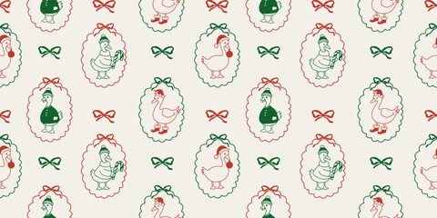 Cute Christmas goose seamless pattern with holiday frames and bows. Coquette repeat background for wrapping, greeting cards, textile designs and decor. © Huma Fida