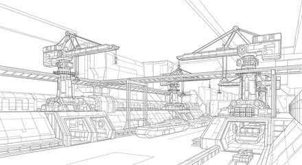 Fototapeta premium Wireframe drawing of an industrial port with multiple gantry cranes and cargo containers.