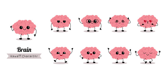 Cute kawaii brain character emotions collection