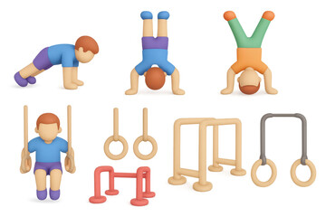 Fototapeta premium 3d cartoon gymnastics workout with rings and parallel bars set for kids