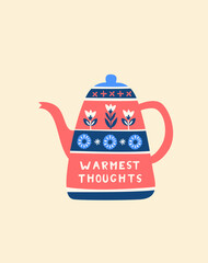 Cozy Folk Art Teapot with Bird, Scandinavian Winter Greeting Card Illustration