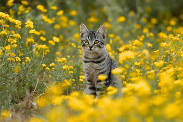 a cat sitting in a field of yellow flowers