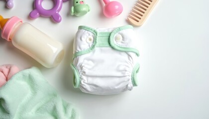 Newborn baby items arranged on white surface. Diaper, milk bottle, soft cloths, and toys form a flat lay collection. Essential baby care products for a new infant.
