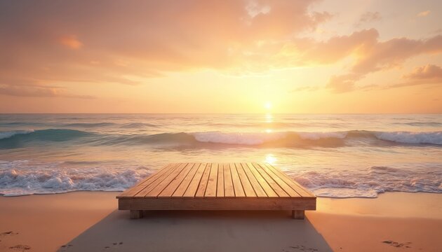 Wooden platform on sandy beach at sunrise. Calm ocean waves roll onto shore under orange sky. Peaceful natural scene, seaside relaxation, warm light.
